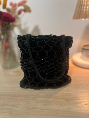 Enzo Angiolini Black Beaded Velvet Tote Bag